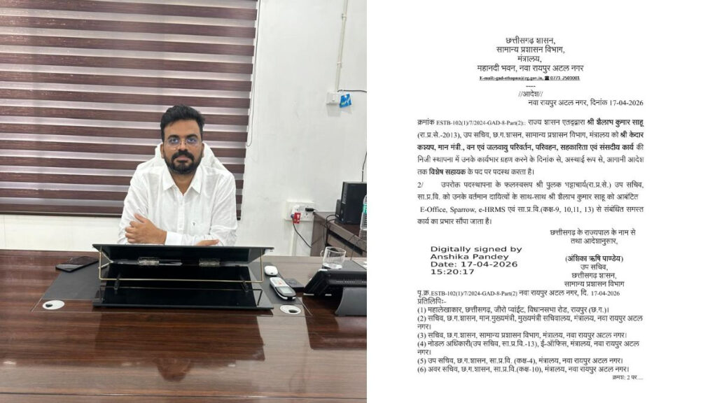 CG BREAKING : शैलाभ साहू को बड़ी जिम्मेदारी, मंत्री केदार कश्यप के बने OSD