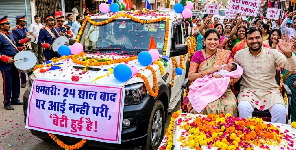 “बेटी हुई है” के नारे संग गूंजा धमतरी: 24 साल बाद जन्मी बिटिया पर निकली जश्न यात्रा