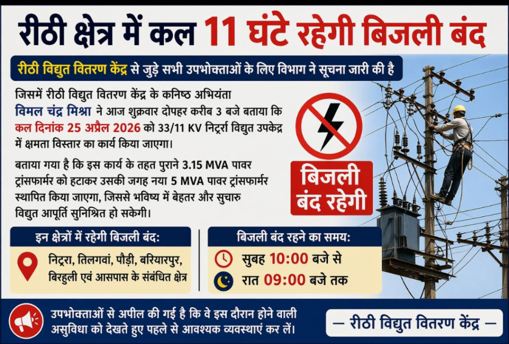 कटनी के रीठी क्षेत्र में कल 11 घंटे रहेगी बिजली बंद
