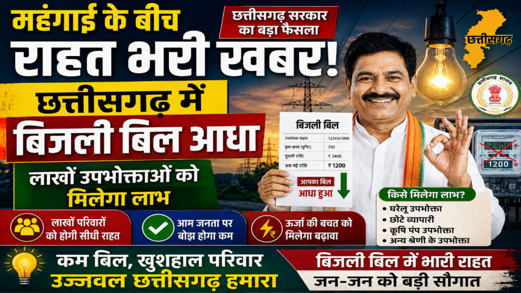 Chhattisgarh State Electricity Regulatory Commission : छत्तीसगढ़ में लाखों उपभोक्ताओं का बिजली बिल आधा, 30 यूनिट बिजली मुफ्त, 200 यूनिट तक आधा बिल—सरकार की बड़ी सौगात